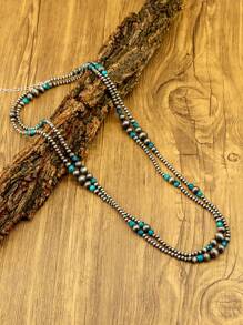 1 件女士长项链，波西米亚风格珠宝，采用西部乡村风格的珍珠和绿松石手工制作，适合女士时尚珠宝，女士项链，时尚女士串珠项链，西部复古风格银项链，适合日常佩戴或作为送给朋友的礼物 - N-140 - 查看 7