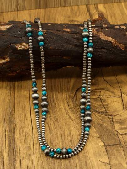 1 件女士长项链，波西米亚风格珠宝，采用西部乡村风格的珍珠和绿松石手工制作，适合女士时尚珠宝，女士项链，时尚女士串珠项链，西部复古风格银项链，适合日常佩戴或作为送给朋友的礼物