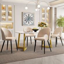 KOMHTOM Eetgroep, (keukentafel 117x68 cm met 4x gestoffeerde stoelen), met ruitpatroon, verstelbare stoelpoten, fluwelen eetkamerstoel - Beige - Bekijken 1