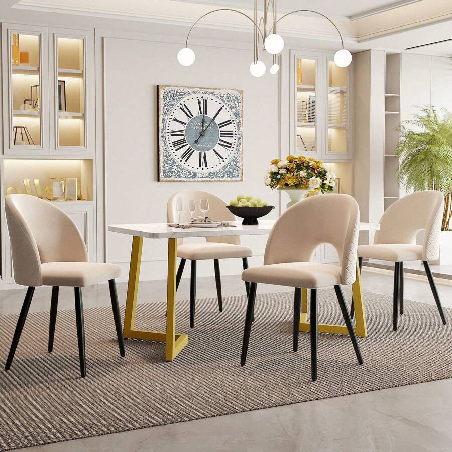 KOMHTOM Eetgroep, (keukentafel 117x68 cm met 4x gestoffeerde stoelen), met ruitpatroon, verstelbare stoelpoten, fluwelen eetkamerstoel - Beige - Bekijken 1