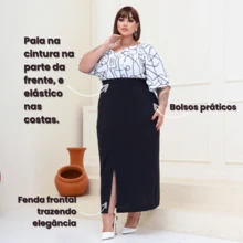 LIA ROSA Saia Feminina Curvy Midi Plus Size Evangélica Cintura Alta - Preto - Visão 3