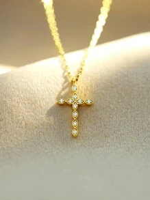 1 pieza Elegante collar con colgante de cruz de acero inoxidable y circonita, color dorado afortunado, adecuado como regalo y para uso diario de mujeres - Amarillo Oro - Ver 4