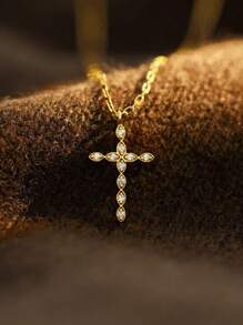 1 pieza Elegante collar con colgante de cruz de acero inoxidable y circonita, color dorado afortunado, adecuado como regalo y para uso diario de mujeres - Amarillo Oro - Ver 2