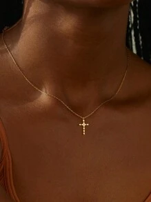 1 pieza Elegante collar con colgante de cruz de acero inoxidable y circonita, color dorado afortunado, adecuado como regalo y para uso diario de mujeres - Amarillo Oro - Ver 3