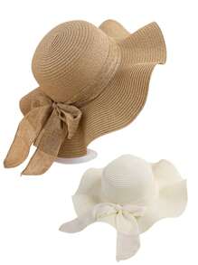 1 peça Chapéu de Sol Feminino de Cor Aleatória, com Aba Ondulada e Fita, Perfeito para Praia, Viagem ou Férias Estilo Bohemio