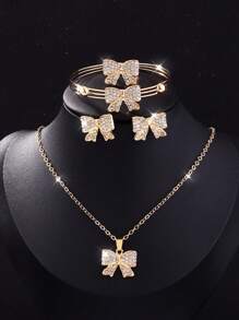 5 件/套女孩时尚、百搭、休闲水钻蝴蝶首饰套装