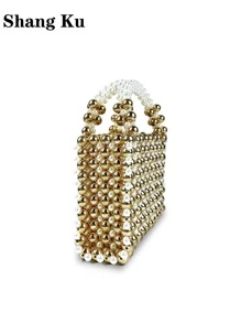 Gold Fashionable Beaded Square Handbag - Gold - View 3