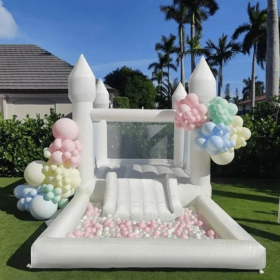 13' X 8' White Bounce House With Slide & Ball Pit & Air Blower Large Ball Pool And Jump Space 3in1 Bouncey House For Kids,Inflatable Bubble Bounce House,White Inflatables,Pink Bounce House