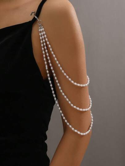 1pc Elegant Triple Layer Faux Pearl & Carved Acrylic Beaded Women's Dress Shoulder Chain, Versatile & Stylish Jewelry For Parties And Banquets