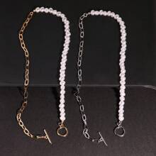 1條優雅的不鏽鋼ot扣仿珍珠裝飾鏈子,為女性日常裝飾而設 - 銀色 - 查看 2