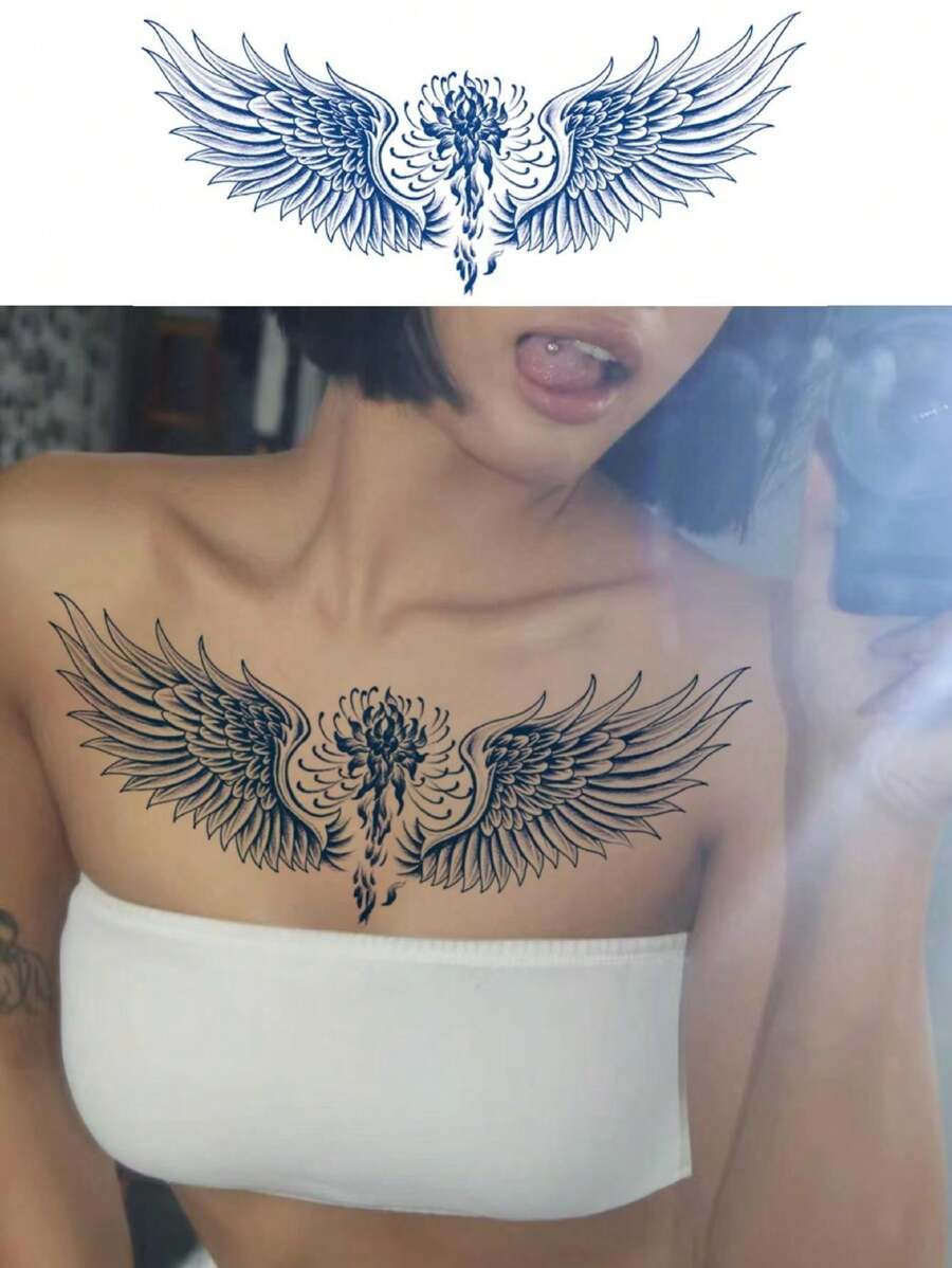 超長效女性胸部翅膀刺青貼紙，性感美麗花卉刺青，持續15天，逼真假刺青 - 彩色 - 查看 1