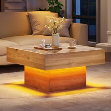 Farmhouse LED Coffee Tables Square Center Table With Storage For Living Room - 棕色 - 查看 2