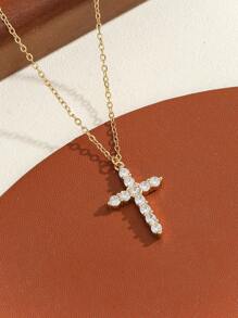1 pièce Collier avec croix en or incrustée de zircone cubiques en acier inoxydable classique
