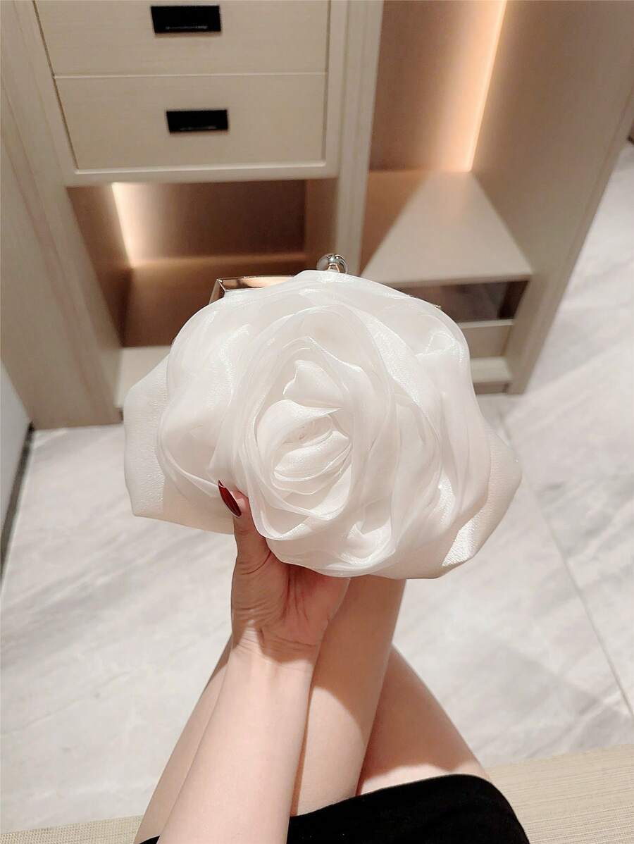 精致花卉晚宴手拿包，优雅仿珍珠装饰手提包，白色，适合派对、浪漫婚礼、新娘礼服、舞会等场合，与女士派对礼服完美搭配，情人节适用，仿珍珠包