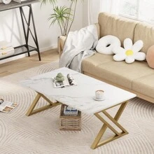 Coffee Table Living Room Table Black Center Table Modern Faux Marble Rectangular Tea Table With Sturdy Black-Finished Metal Frame,Industrial Wooden Coffee Table For Bedroom Home Office - trắng - Xem 1