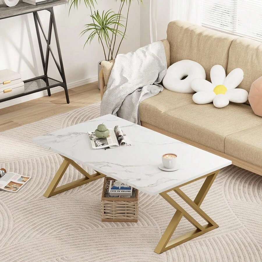 Coffee Table Living Room Table Black Center Table Modern Faux Marble Rectangular Tea Table With Sturdy Black-Finished Metal Frame,Industrial Wooden Coffee Table For Bedroom Home Office - trắng - Xem 1