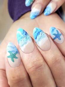 Conjunto de 24 Peças - Coleção Havaiana do Oceano - Unhas Postiças Brilhantes, em formato de Estrela do Mar com Cobertura Total Tipo Amêndoa Francesa, são adequadas para a vida diária de meninas/mulheres. Para encontro, etc. + 1 Peça de Gel Jelly + 1 lima de unha. Unhas postiças Pressionadas Suprimentos de Unhas - Multicolorido - Visão 1