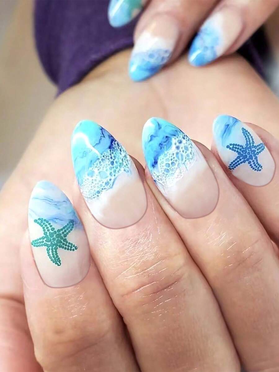 Conjunto de 24 Peças - Coleção Havaiana do Oceano - Unhas Postiças Brilhantes, em formato de Estrela do Mar com Cobertura Total Tipo Amêndoa Francesa, são adequadas para a vida diária de meninas/mulheres. Para encontro, etc. + 1 Peça de Gel Jelly + 1 lima de unha. Unhas postiças Pressionadas Suprimentos de Unhas - Multicolorido - Visão 1