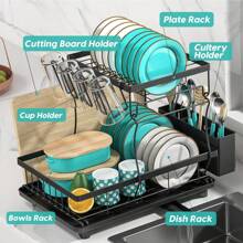 Gran rejilla de secado de platos para encimera de cocina, organizador desmontable de gran capacidad para escurridor de platos con soporte para utensilios, rejilla de secado de platos de 2 niveles con tabla de drenaje, negro, almacenamiento y organización de cocina, organizador, decoración