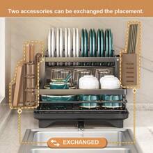 Gran rejilla de secado de platos para encimera de cocina, organizador desmontable de gran capacidad para escurridor de platos con soporte para utensilios, rejilla de secado de platos de 2 niveles con tabla de drenaje, negro, almacenamiento y organización de cocina, organizador, decoración
