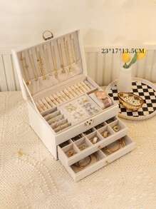 1pc Multifunctional Plaid Princess Cosmetic & Jewelry Box With Lock, Drawer, And Leather Surface For Storing Bracelets, Earrings, Necklaces And Other Accessories Back To School, Room Decor - One Size - View 17