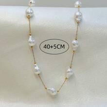 1入組海洋沙灘風格心形貝殼新月形仿珍珠項鍊，適用於女性夏季比基尼V領襯衫 - 金色白珠 - 查看 11