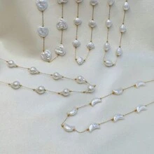 1入組海洋沙灘風格心形貝殼新月形仿珍珠項鍊，適用於女性夏季比基尼V領襯衫 - 金色白珠 - 查看 1