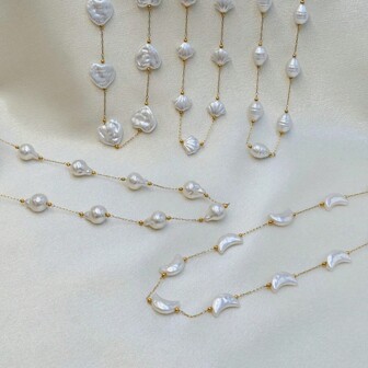 1入組海洋沙灘風格心形貝殼新月形仿珍珠項鍊，適用於女性夏季比基尼V領襯衫