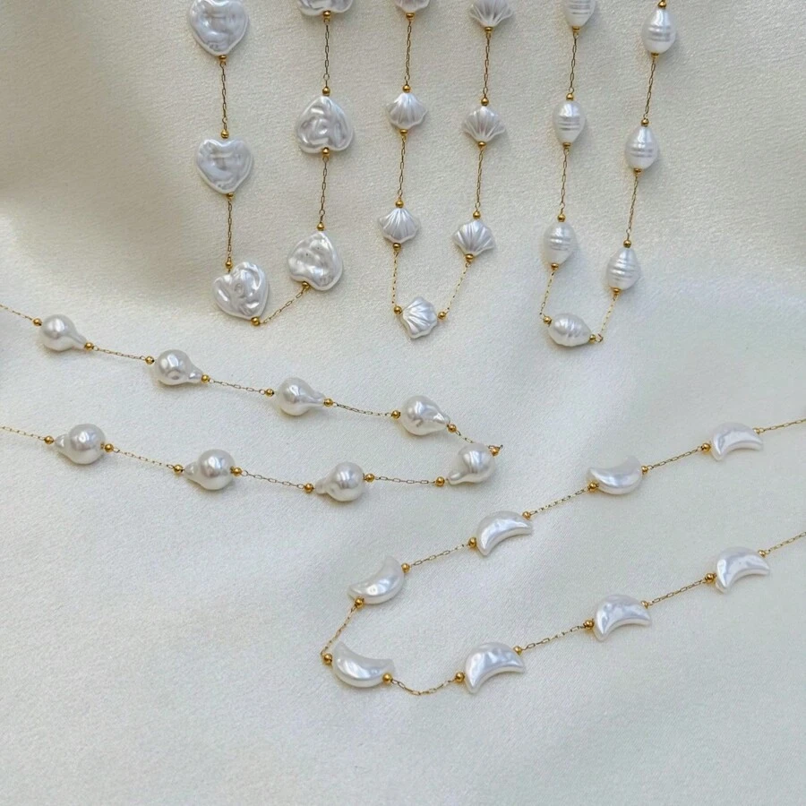 1入組海洋沙灘風格心形貝殼新月形仿珍珠項鍊，適用於女性夏季比基尼V領襯衫 - 金色白珠 - 查看 1