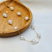 1入組海洋沙灘風格心形貝殼新月形仿珍珠項鍊，適用於女性夏季比基尼V領襯衫 - 金色白珠 - 查看 5