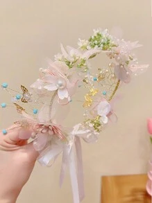 1pc Elegant Golden Leaf Floral Wreath Pearl Headband, Sweet European Style Bridal Crown Headpiece For Girls - Multicolor - View 1