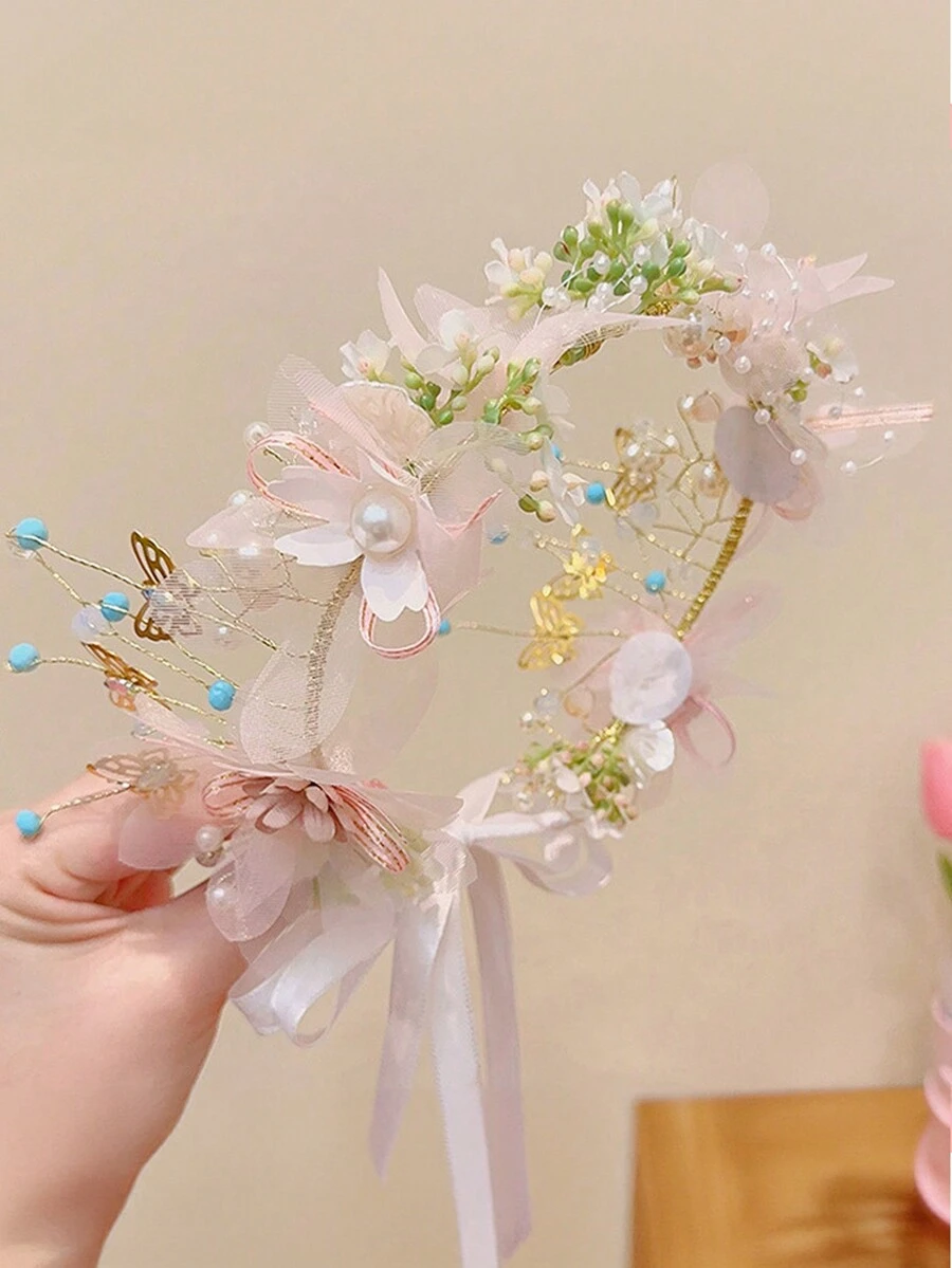 1pc Elegant Golden Leaf Floral Wreath Pearl Headband, Sweet European Style Bridal Crown Headpiece For Girls - Multicolor - View 1