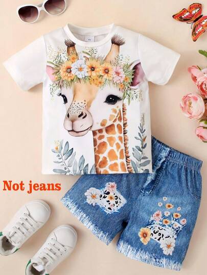 2pcs Young Girl Casual 3D Deer Printed Short Sleeve T-Shirt And Shorts Set For Summer