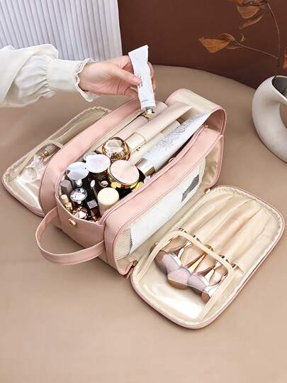 شنطه سفر اغراض سفر لوازم السفر اغراض السفر اشياء للسفر حقيبة نسائية شنط بحر شنطه صيف جامعةحقيبة مكياج من جلد البولي يوريثان المقاوم للماء بتصميم وردي متعدد الوظائف ذات سعة كبيرة مع مقسمات وذات طبقتين قابلة للحمل لحفظ مستحضرات التجميل والمواد الصحية للنساء ، وكذلك حقيبة غسيل أعمال مع جيوب لحفظ فرش المكياج