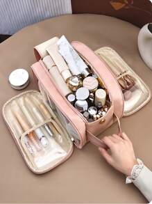 Túi đựng đồ trang điểm đa năng bằng da PU chống thấm nước màu hồng, hai lớp, dung tích lớn, du lịch, đựng đồ vệ sinh cá nhân có quai xách cho nữ, túi đựng đồ trang điểm PU, túi đựng cọ, túi đựng đồ vệ sinh cá nhân dành cho nam, túi đựng đồ trang điểm, túi đựng đồ trang điểm, đồ dùng học tập, đồ dùng cho ngày tựu trường - Hồng - Xem 3