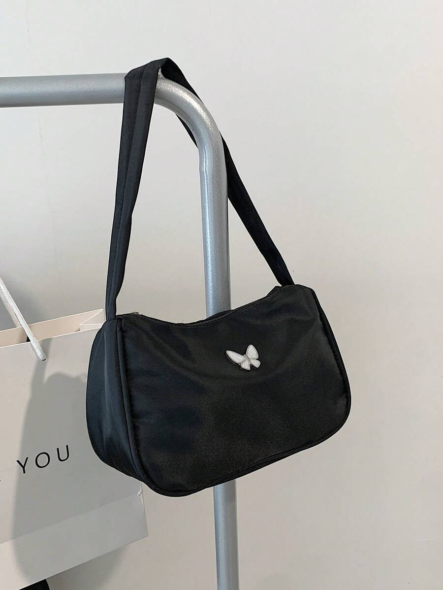 Bolso de hombro negro Nuevo 2024, con decoración exquisita de mariposa metálica, bolso versátil y ligero, bolso de axilar elegante para mujeres por el Día de San Valentín - Negro - Ver 1