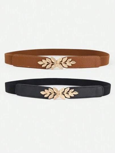 3pcs Women's Leaf Decorated Metal Buckle Elastic Waist Belt, Adjustable, Suitable For Plus Size Skirt Summer, School Fall, Autumn, Halloween