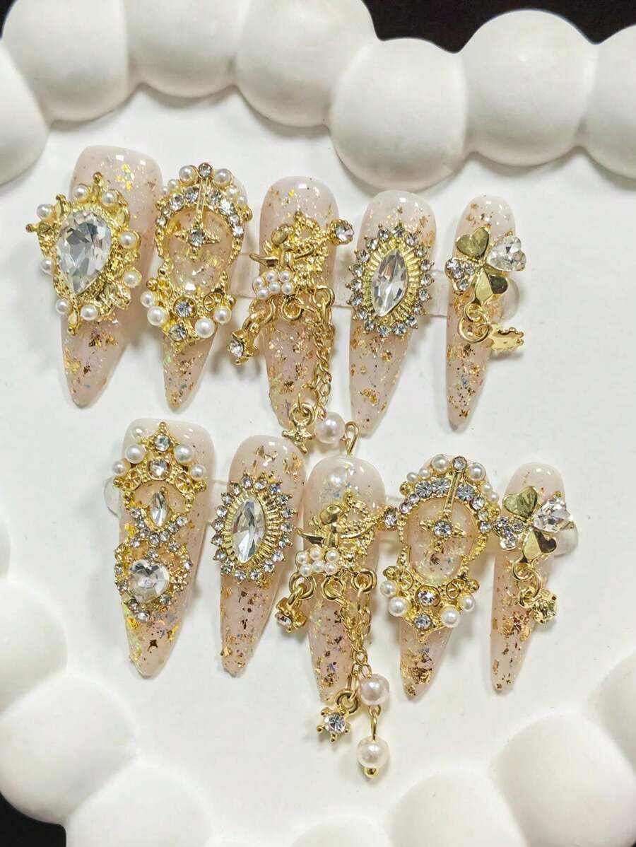 10片纯手工精致奢华气质高端闪亮假指甲，带链坠，镶嵌立体华丽水钻，美甲饰品，家用美甲设计人造指甲，立体水钻美甲饰品，按压式指甲，美甲用品，手工按压式指甲