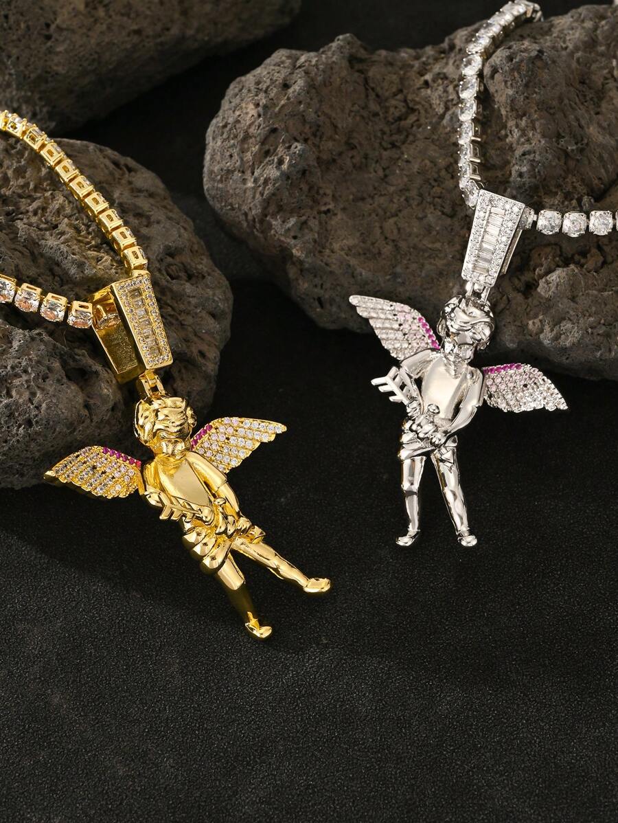 1pc Hip Hop Jewelry Men's Rap Faith Angel Cupid Brass High Quality Zirconia 14K Plating Platinum Plating Accompanying 4mm 20 Inch Diamond Tennis Chain Holiday Gift For Boyfriend Couple Accessories Punk Fashion Jewelry