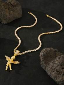 1pc Hip Hop Jewelry Men's Rap Faith Angel Cupid Brass High Quality Zirconia 14K Plating Platinum Plating Accompanying 4mm 20 Inch Diamond Tennis Chain Holiday Gift For Boyfriend Couple Accessories Punk Fashion Jewelry