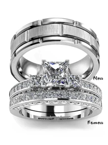 情侶戒指套裝，女士精美不鏽鋼戒指和男士簡約時尚戒指，結婚、訂婚和周年紀念日的完美禮物 - 銀色 - 查看 12