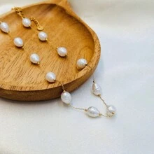 1入組海洋沙灘風格心形貝殼新月形仿珍珠項鍊，適用於女性夏季比基尼V領襯衫 - 金色白珠 - 查看 13