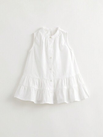 MARC&JANIE 年輕女孩法式優雅拼接荷葉邊A字無袖連衣裙，圓領，夏季