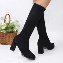 Women's New Solid Color Stretch Boots, Round Toe Suede Chunky Heel 7CM Tall Boots, Slip-On Design, Fashion Versatile Casual Shoes, Plus Size 43 , Match Black Skirt - Black - View 5