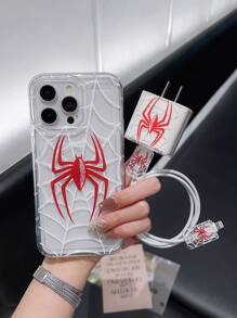 Pink Spiderweb Airbag Phone Case + Charger Protector Cover Anti-Bite Cable Organizer