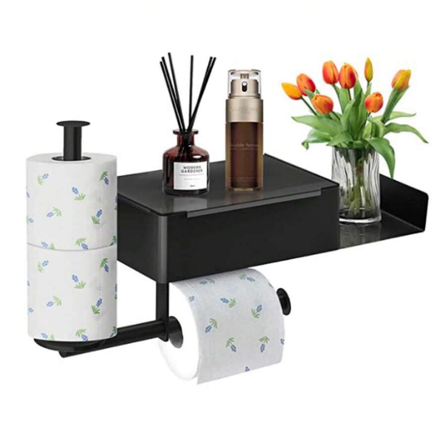 1入組帶儲物功能的衛生紙架，帶手機架的衛生紙架，大型4合1濕巾箱配有架子，適用於任何浴室，不銹鋼掛牆式收納架，防銹鋁廁紙架適用於浴室，廚房和房車 - 不銹鋼紙巾盒 - 查看 1