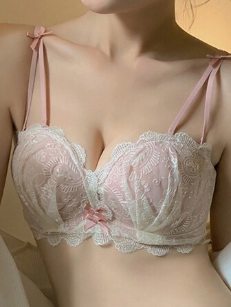 Lace Push-Up Wireless Bra With Comfortable Lifting And Breathable Bowknot Detail, Suitable For Small Chest [Special For Flat Chest], Lingerie