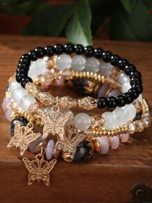 4入組多層蝴蝶吊墜寶石珠子手鍊 - 黑色 - 查看 1