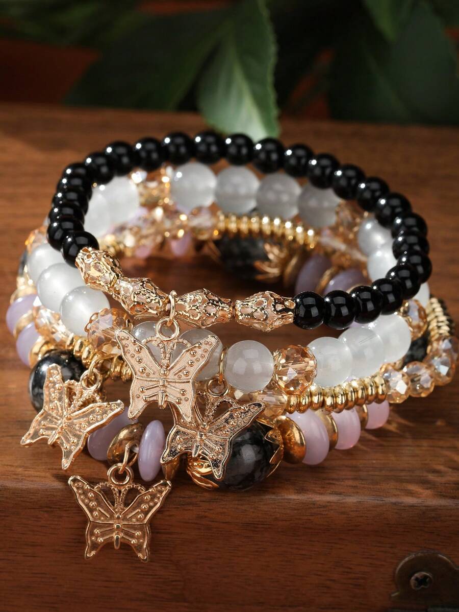 4入組多層蝴蝶吊墜寶石珠子手鍊 - 黑色 - 查看 1