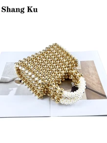 Gold Fashionable Beaded Square Handbag - Gold - View 5